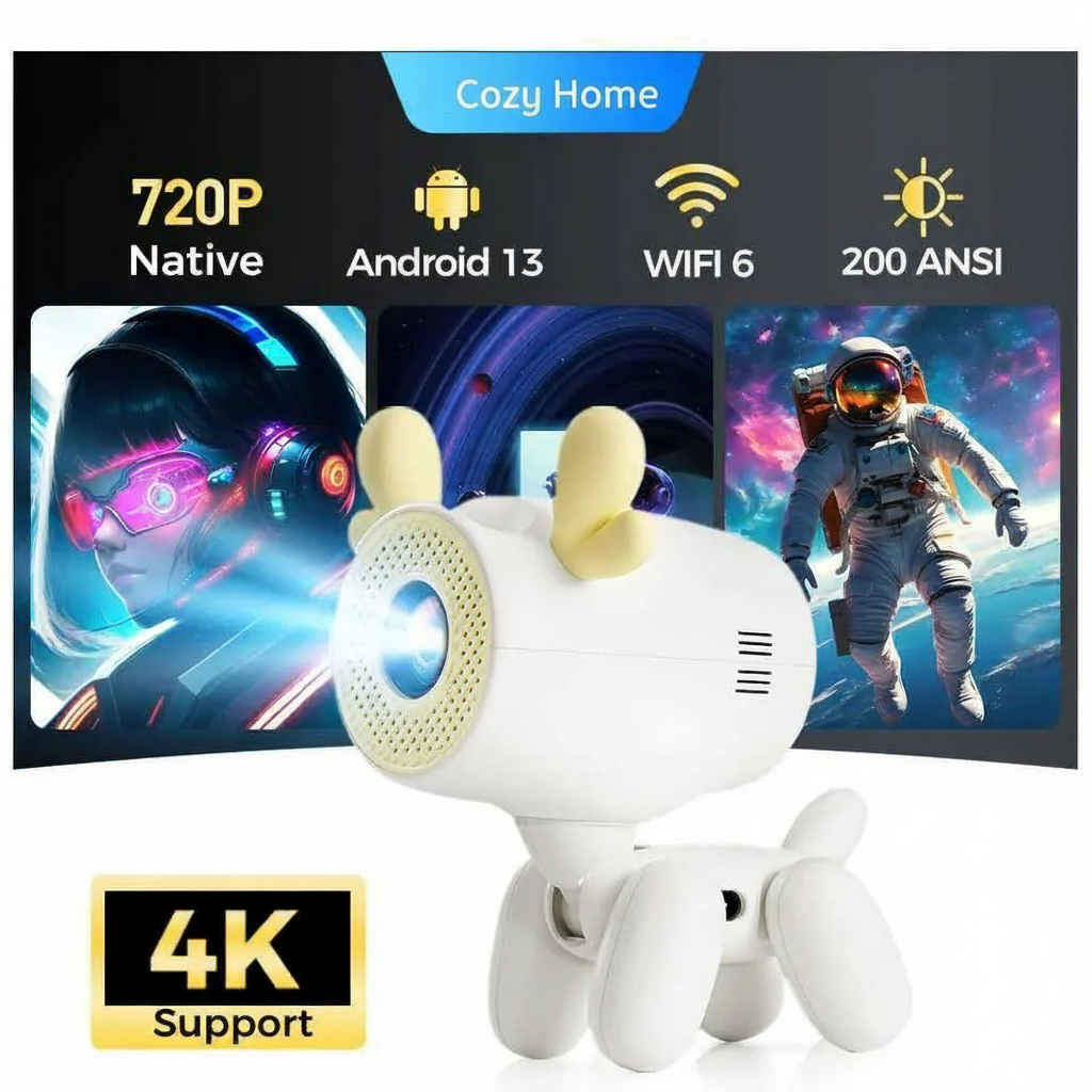 iSinbox A8 Projector dog Android13 Native 720P Portable Projector WIFI6 BT5.3 4K 1080P Home Cinema Video Projector