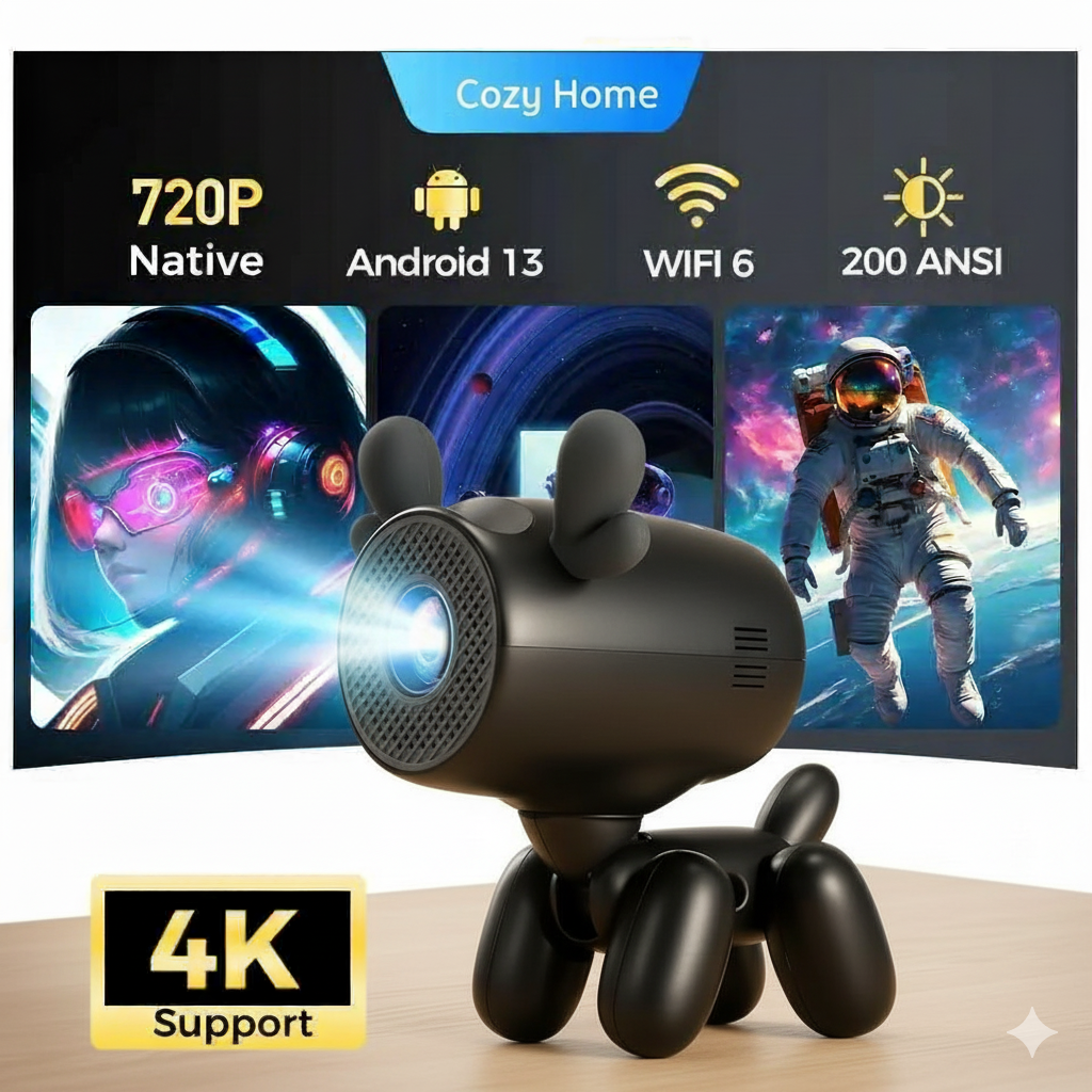iSinbox A8 Projector dog Android13 Native 720P Portable Projector WIFI6 BT5.3 4K 1080P Home Cinema Video Projector