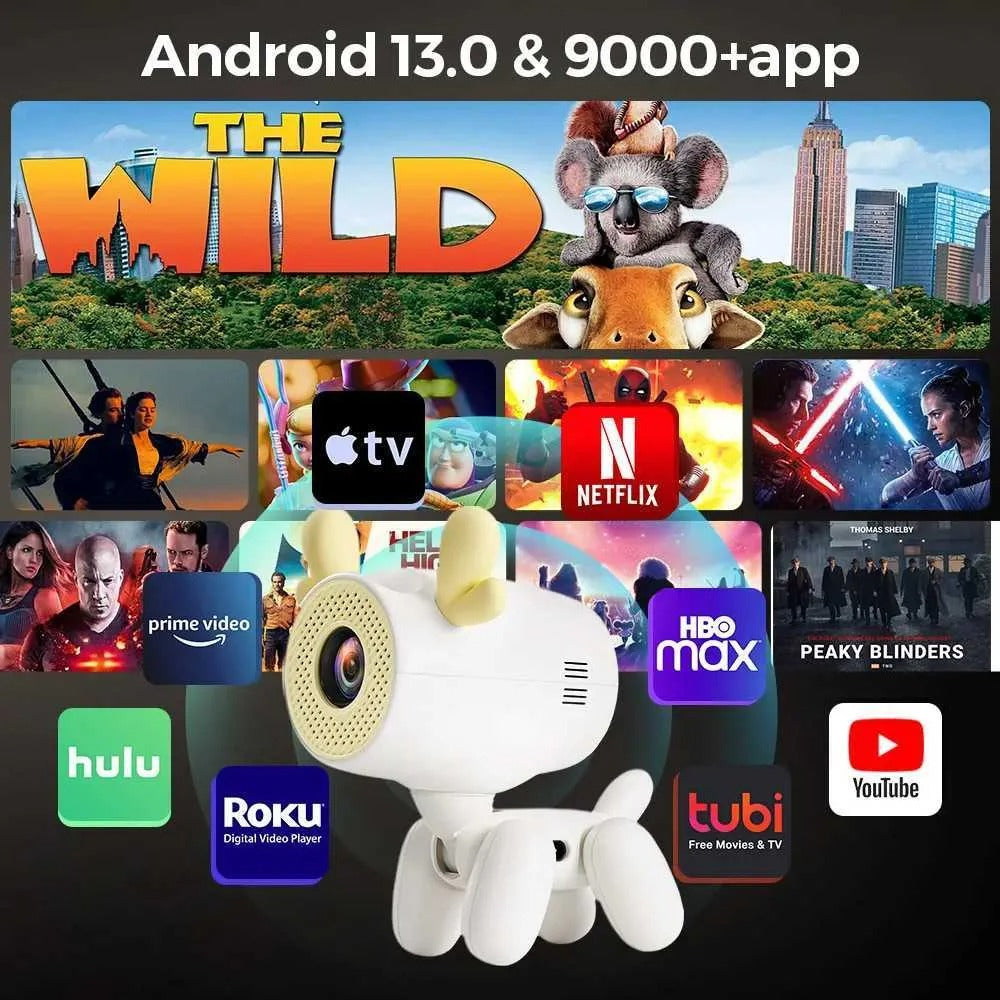 iSinbox A8 Projector dog Android13 Native 720P Portable Projector WIFI6 BT5.3 4K 1080P Home Cinema Video Projector